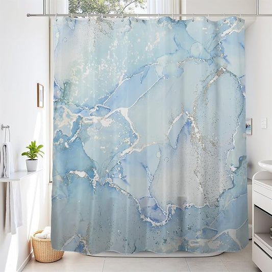 Renaiss Light Blue Marble Shower Curtain Waterproof Fabric Luxury Modern Art Shower Curtain for Bathroom Dormitory Print Decorative Shower Curtains Set with Hooks Waterproof Fabric 72" W x 84" L