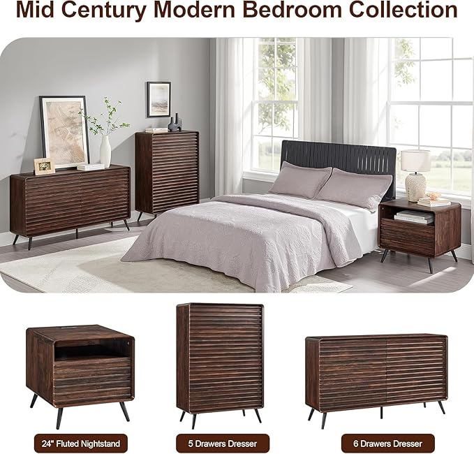 RedLemon 24" Nightstand Set of 2 with Charger Station, Mid Century Modern Fluted End Table with 2 Drawers, Wooden Side Table with Open Cubby Storage for Living Room, Bedroom, Office (Dark Walnut)