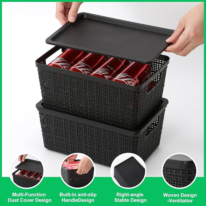 6 Pack Plastic Storage Baskets With Lids,Black Breathable Stackable Storage Bins,Small Storage Containers,for Organizing Storage Baskets on Desktops,Closets,Playrooms,Classrooms,Offices