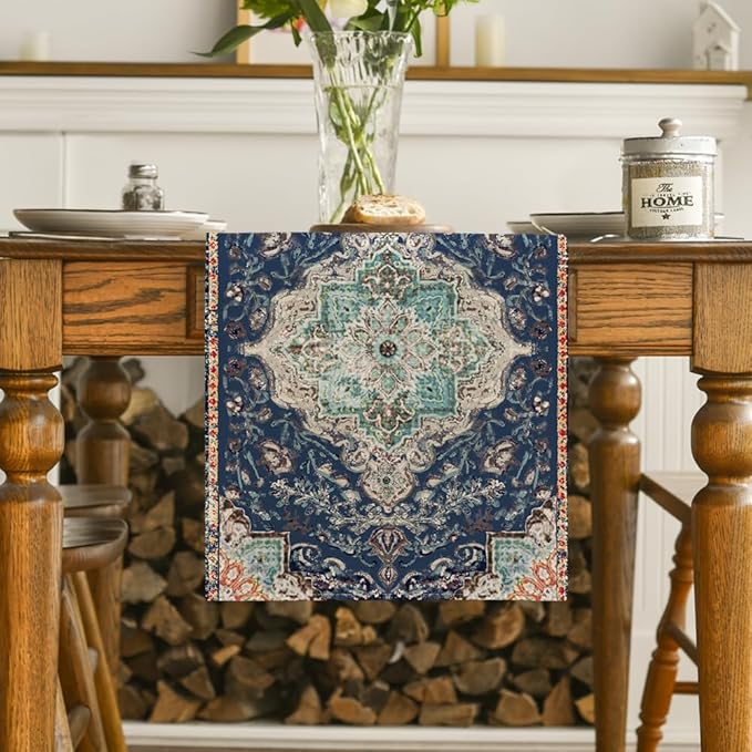 Artoid Mode Boho Bohemia Style Blue Table Runner, Country Rustic Farmhouse Magical Winter Kitchen Dining Table Decoration for Home Party Decor 13x72 Inch