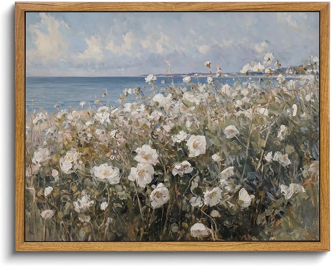 KISSFOX Vintage Floral Framed Wall Art Coastal Rose Wildflower Canvas Wall Art Neutral Farmhouse Serene Countryside Paintings Artwork Rustic Art Prints For Bedroom Living Room