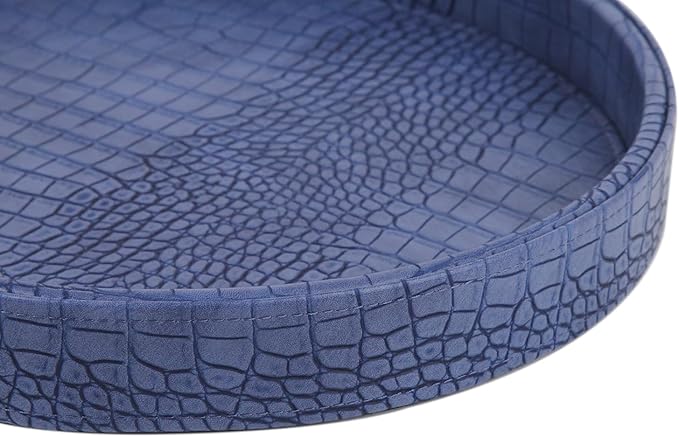 HofferRuffer Faux Leather Round Serving Tray, Vegan Croco Leather Decorative Tray, Food Tray for Storage Drinks, Snack & Cosmetics, Dia.12'' x 1.6'' (Blue)