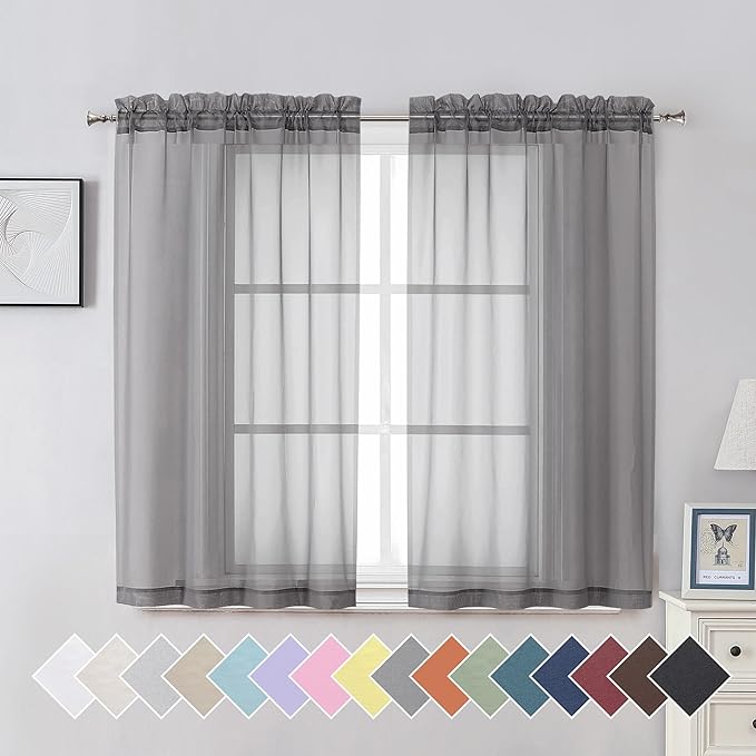 Aiyufeng 2 Piece Grey Short Sheer Curtains 45 Inch Length, Light Filtering Kitchen Curtain for Bedrrom/Living Room/Kitchen Window, Voile Top Dual Rod Pocket, 2 x 40 W x 45" L