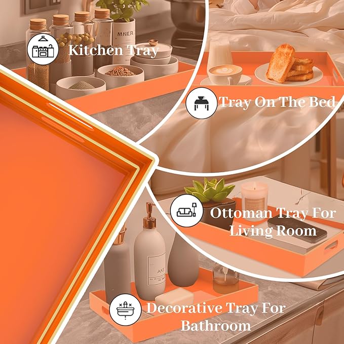 MAONAME Orange Serving Trays Set of 2, Plastic Decorative Trays with Handles, Rectangular Coffee Table Trays for Ottoman, Nesting Trays for Living Room, Bedroom