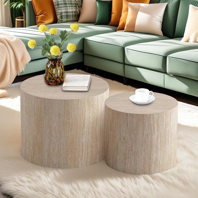 Modern Round Wooden Nesting Circle Coffee Table Set of 2 with Non-Slip Feet, Accent Side End Table, Saving Space Design and No Need Assembly,B