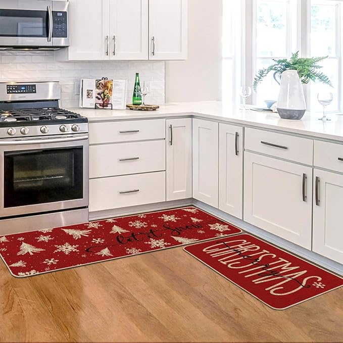 Artoid Mode Xmas Trees Snowflake Let It Snow Merry Christmas Kitchen Mats Set of 2, Winter Decor Low-Profile Kitchen Rugs - 17x29 and 17x47 Inch