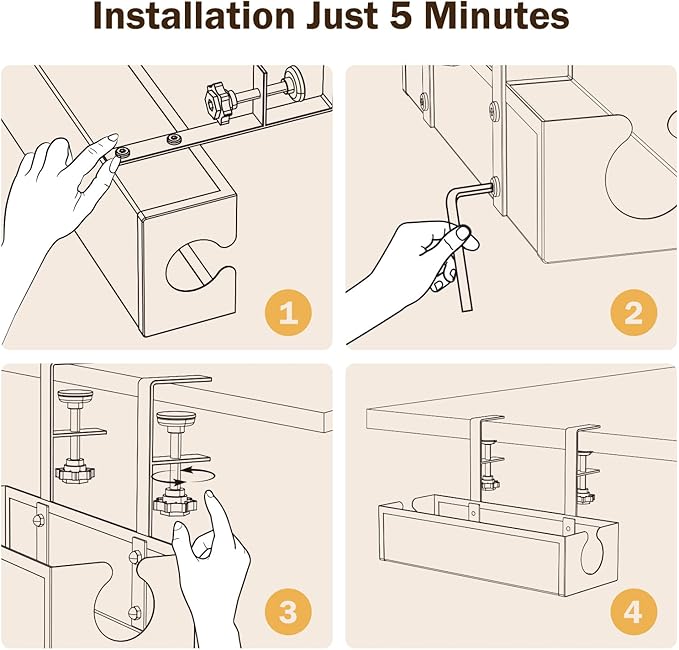 DELAMU Under Desk Cable Management Tray, No Drill Metal Mesh Cable Management Under Desk with F-Clamp Mount & 2 Open Holes, Cord Organizer for Home Office, 1 Pack, Black