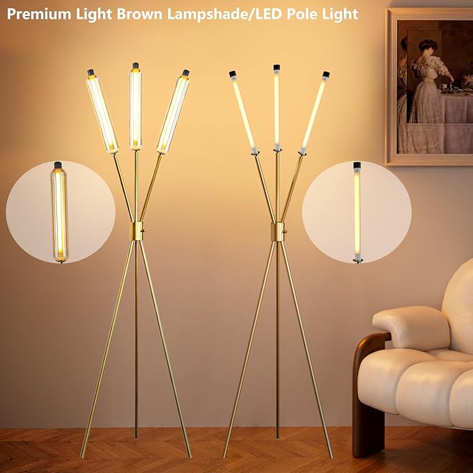 Lightdot LED Tripod Floor Lamps for Living Room, Stepless Dimmable(10-100% Brightness) Modern Standing Tall Lamp with 360° LED LampHead,Mid Century Industrial Floor Lamp for Bedroom-Gold