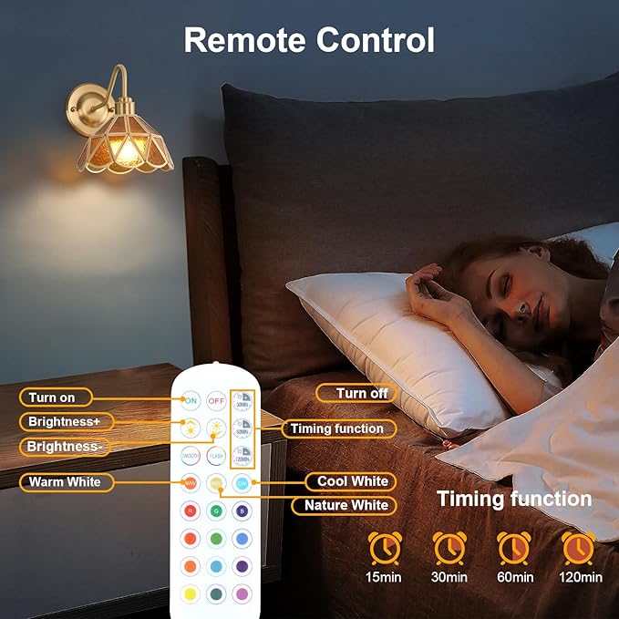 Vintage Battery Operated Wall Sconce Set of 2 with Remote, Rechargeable Wall Lamp 3 Colors Dimmable, Gold Lights Fixture for Bedroom Living Room Hallway Coffee Stone Triangle Checker