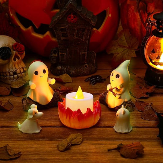 2025 Ghost Campfire Nightlight, Spooky Ghost Halloween Decorations Indoor, Cute Halloween Ghost Figurine, Funny Halloween Decor for Home Mantel Tabletop Party (with Cat and Dog)