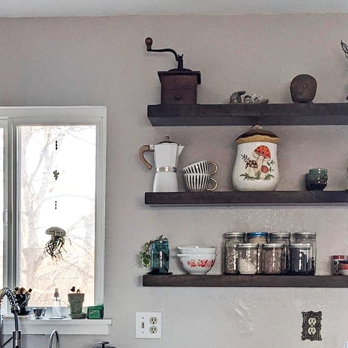 URBANDI, Rustic Floating Shelves, Set of 2, Hidden Bracket, Solid Wood, Heavy Duty, Wall Mounted Shelves, (Dark Brown, 12Wx6D)