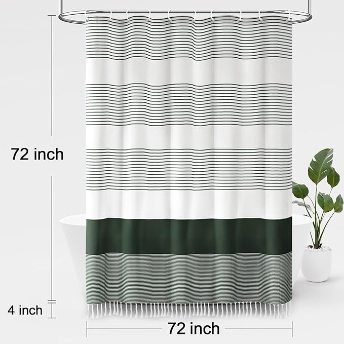Awellife Dark Green Shower Curtain for Bathroom Boho Stripe Shower Curtain with Tassel 72 X 72 Inches Farmhouse Cotton