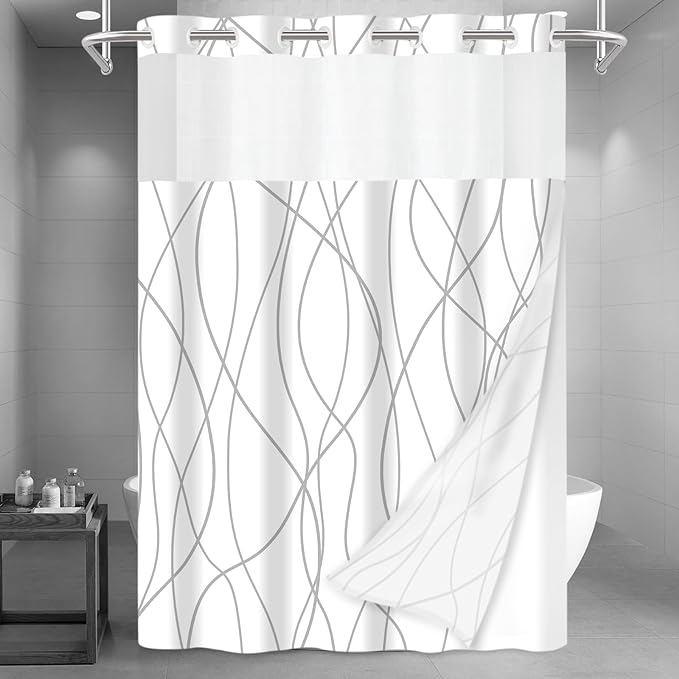 No Hook Grey White Striped Long Shower Curtain with Snap in Liner Set - Hotel Shower Curtain and Liner Set with See Through Mesh Top Window,Machine Washable, 71x86 INCH
