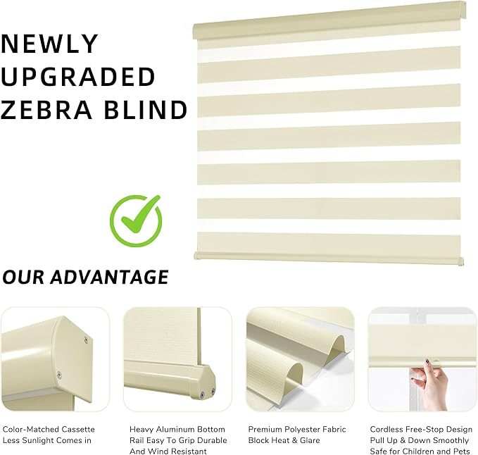 ChrisDowa Cordless Zebra Blinds for Windows, Dual Layer Free-Stop Light Filtering Window Roller Shades, Pull Down Privacy Zebra Shades for Home, Office, Bedroom, Door (24" W x 72" H, Beige)