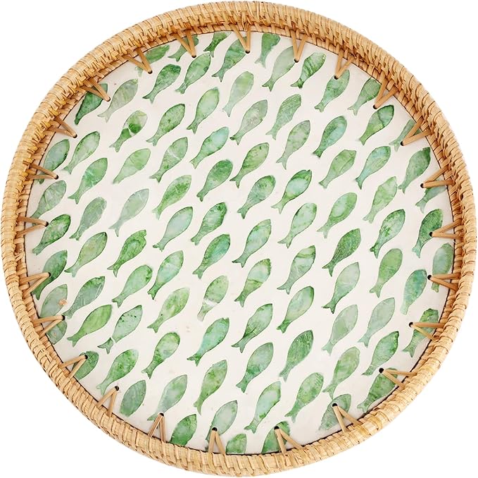 Round Rattan Tray with Mother of Pearl Inlay, Rattan Serving Tray for Coffee, Bread, Fruits, Decorative Wicker Tray for Table Decor, Home Decor, Kitchen Island Decor (Round Green Fish, 11.8")