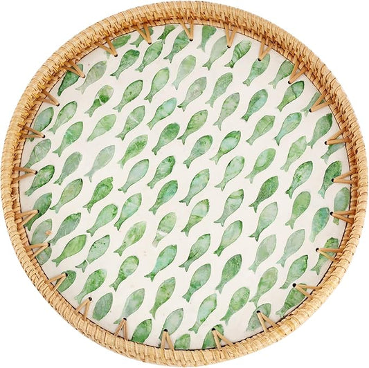 Round Rattan Tray with Mother of Pearl Inlay, Rattan Serving Tray for Coffee, Bread, Fruits, Decorative Wicker Tray for Table Decor, Home Decor, Kitchen Island Decor (Round Green Fish, 11.8")