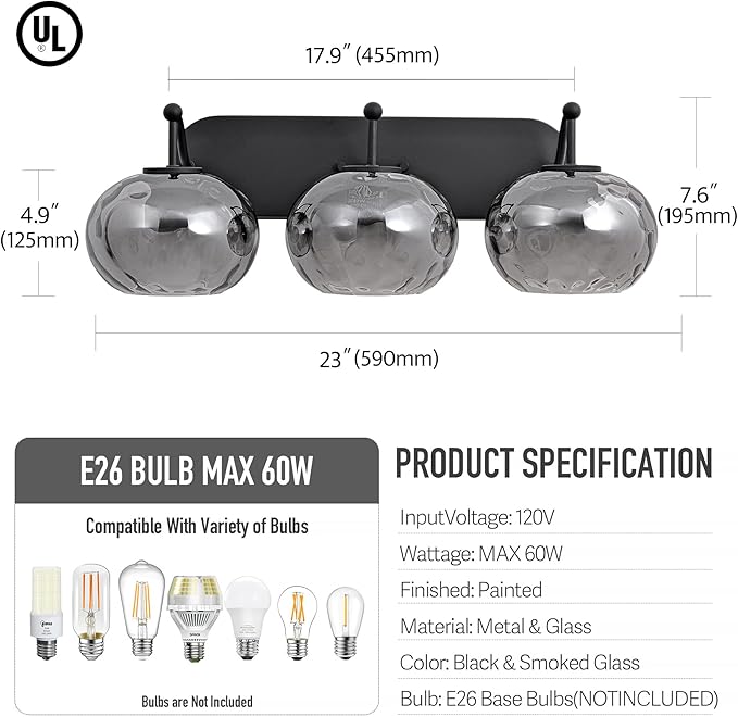 23" Matte Black Vanity Light Smoked Hammered Glass Wall Sconce 3-Light Grey Lampshade Wall Lamp for Hallway Living Room Stairwell Bathroom Over Mirror