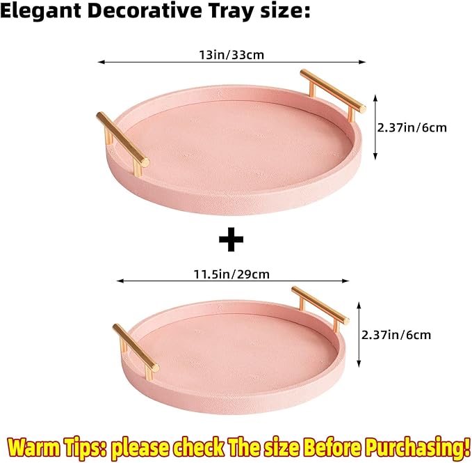 Modern Decorative Tray, Set of 2 Round Shagreen Serving Tray with Gold Polished Metal Handles, Coffee Table Ottoman Trays Perfume Trays Living Room Bathroom Home Decor (Pink)