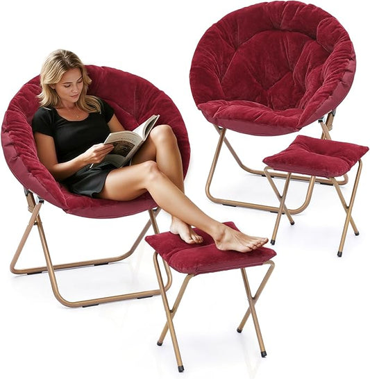 Athena Collection Saucer Chair with Ottoman - Modern Red Faux Fur Foldable Accent Chair - Comfortable for Bedroom, Living Room, Gaming, Reading - 300 lbs Weight Capacity