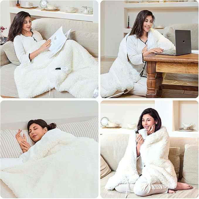 Heated Blanket with 10 Hours Auto-Off 6 Heat Level, Cozy Shaggy Faux Rabbit Fur Electric Blanket with Overheating Protection (White, 84"X90")
