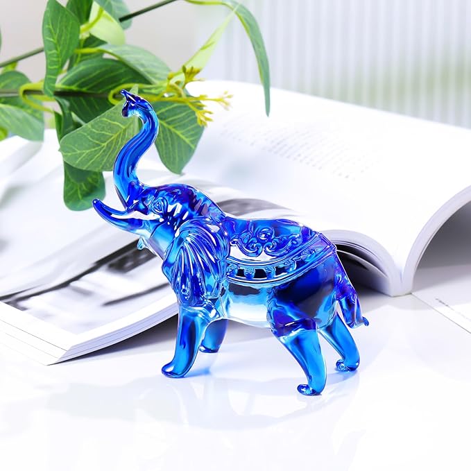 YWHL Blue Crystal Elephant Figurine Gifts for Women & Men, Glass Elephant Statue for Home & Office Decor, Handmade Art Animals Collectible