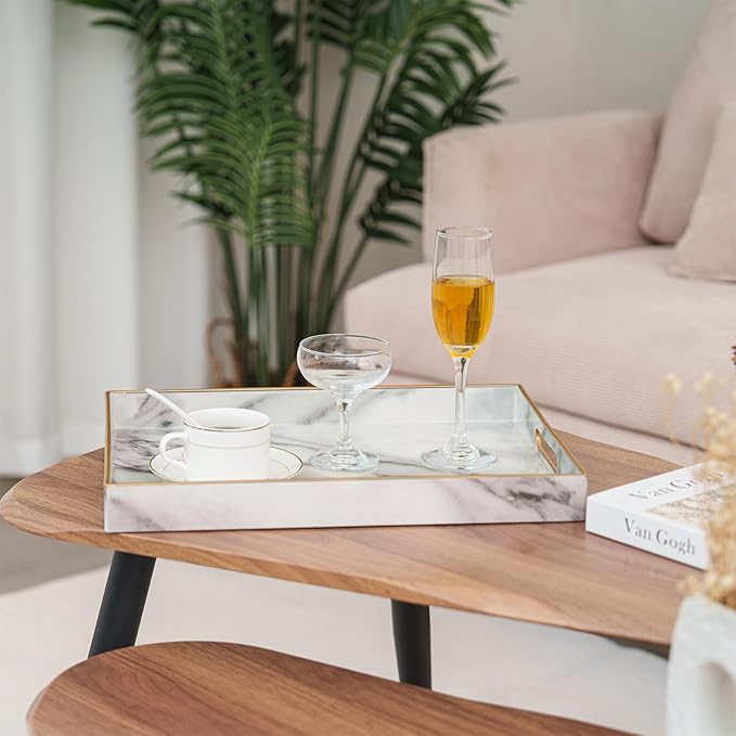 Set of 2 Serving Tray,Plastic Marble Coffee Table Tray 18.9"x13.7"x1.6"/15.7"x11.8"x1.6" Food Trays for Eating on Lap Coffee Tray with Handles Rectangular Decorative Trays,Tea Trays for Serving