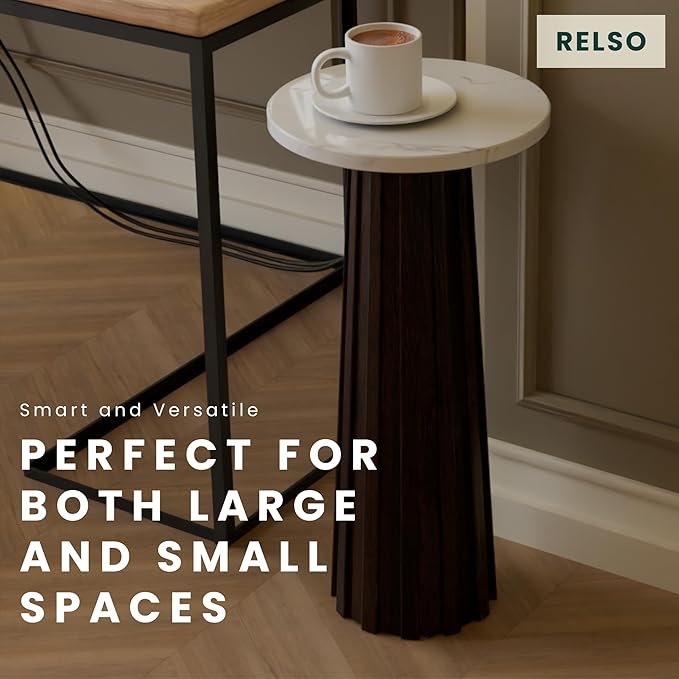 Relso Ma'gro Drink Table – Solid Mango Wood Fluted Base with Real White Marble Top | Farmhouse Accent Side Table for Boho Decor, Bedside, Entryway, Plant Stand, Night Stand & Small Living Spaces