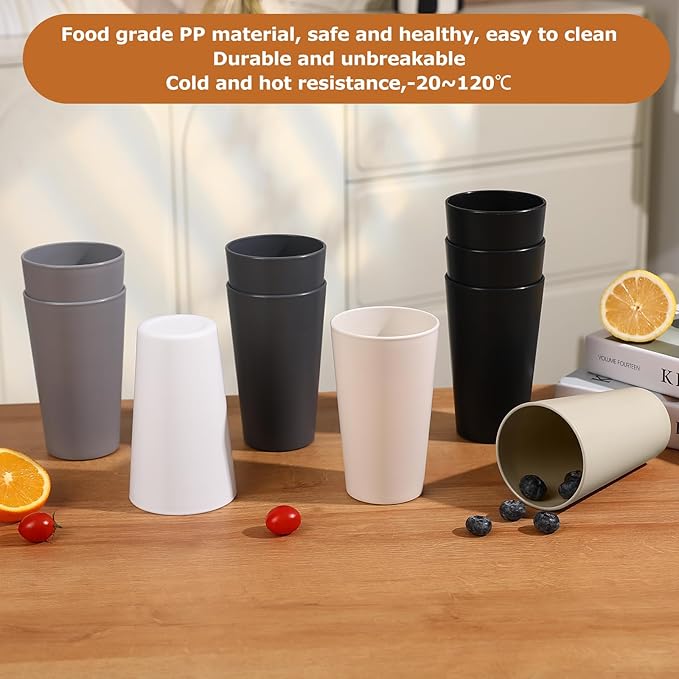 24 Pcs Unbreakable Plastic Cups Set, 20 oz Reusable Plastic Cups, Stackable Water Tumblers, Drinking Cup for Kitchen, Outdoor, BPA-free, Dishwasher Refrigerator and Microwave Safe (20 oz, 6 Colors)