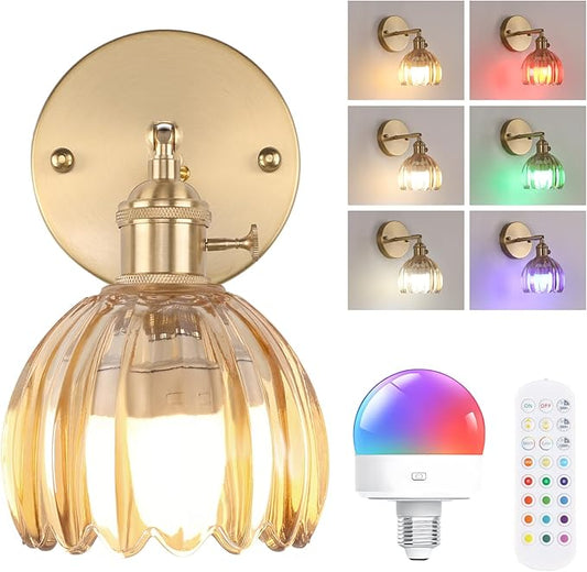 Vintage Battery Operated Wall Sconce with Cute Amber Tulip Glass Lampshade Wireless Rechargeable Battery Powered Wall Light with Remote Control for Bedside Bedroom Doorway