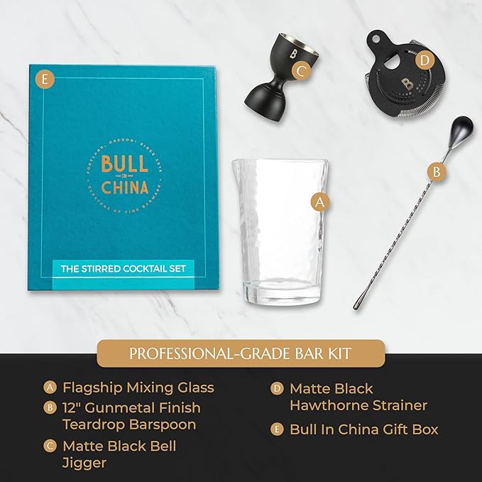 4 Piece Cocktail Kit by Bull In China - Premium Bartender Gift Set Includes Flagship Mixing Glass, 12 inch Barspoon, Bell Jigger & Hawthorne Strainer For Professional & Home Bars (Gunmetal Black)