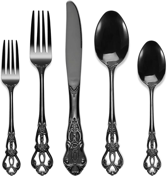 Silverware Set, 30 Pieces Retro Royal Silverware Set for 6, Anti-rust Stainless Steel Flatware Set Including Fork Spoon and Knife, Dishwasher Safe, Black