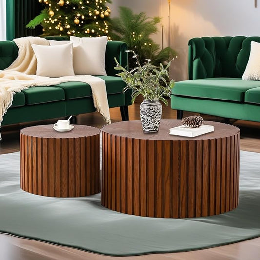 Modern Round Wooden Nesting Coffee Table Set of 2 Circle Tables with Non-Slip Feet, Accent Side End Table, Saving Space Design and No Need Assembly (FLARGE)