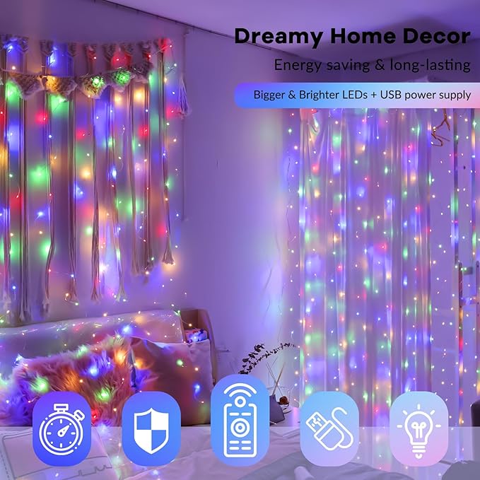 HXWEIYE 300LED Fairy Curtain Lights, 9.8x9.8Ft Multicolor USB Plug in 8 Modes Timer Christmas String Hanging Lights with Remote for Bedroom Backdrop Wedding Party Home Wall Garden Outdoor Indoor Decor