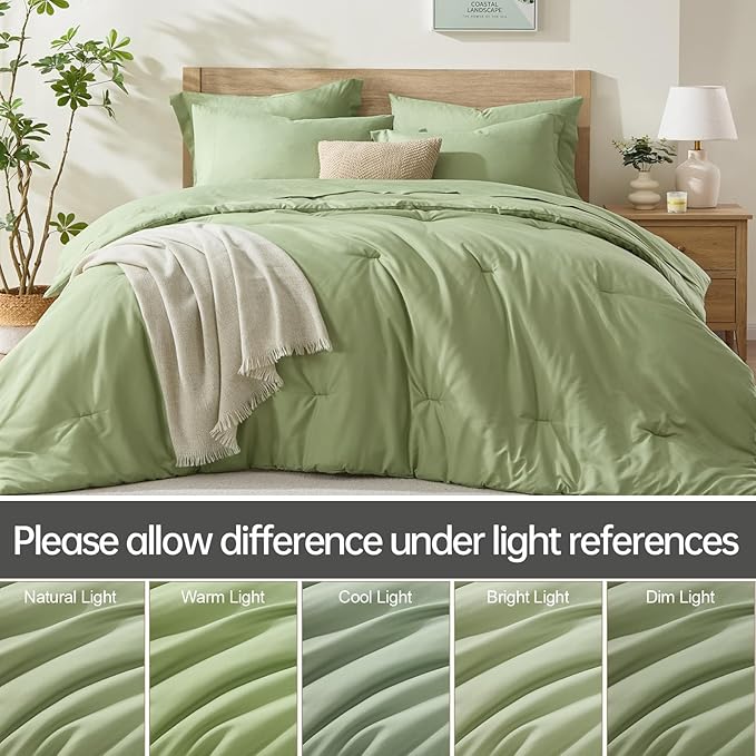 Homelike Moment King Size Comforter Set 7 Piece, Sage Green Bed in a Bag King Size Bed Set Lightweight and Machine Washable