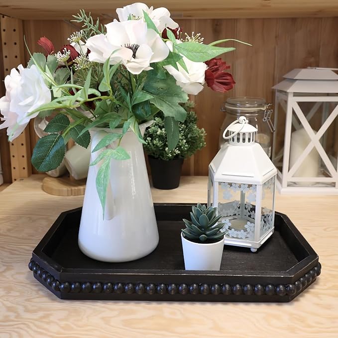 Wood Rustic Serving Tray with Beads, Farmhouse Vintage Black Decorative Tray for Table Centerpiece, Christmas Wedding Halloween Home Decor