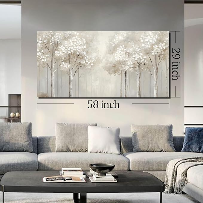 ANCXWOTER Large Forest Wall Art for Living Room White Misty Birch Tree Picture for Bedroom Office Modern Landscapes Canvas Prints Ready to Hang 29x58 Inch