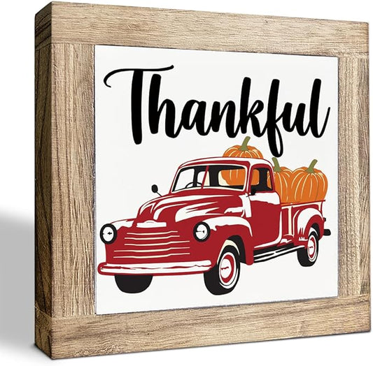 Pumpkin Harvest Decors, Thankful Signs, Pumpkin Truck Wooden Box Signs, Autumn Home Desk Table Shelf Decoration, Fall Decor, Thanksgiving Decoration, Box Sign Wood Desk Sign Decor 5.9X5.9X0.7inches