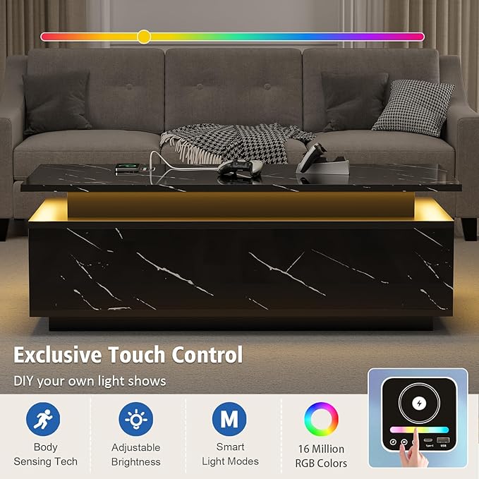 LED Coffee Table with Storage, Black Coffee Table with Wireless Charging and Speaker, High Glossy Modern Center Table with 24 Color LED Lights for Living Room Bedroom, Black