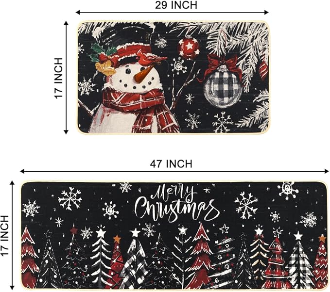 Snowman Christmas Trees Snowflake Christmas Kitchen Mats Set of 2, Black Winter Holiday Home Decor Kitchen Rugs for Floor 17x29 and 17x47 Inch