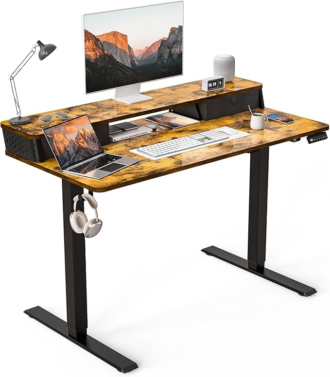 48 x 24 Inch Standing Desk with 2 Drawers, Easily Assembled Height Adjustable Desk, Ergonomic Sit to Stand Electric Desk for Home Office Workstation, Rustic Brown