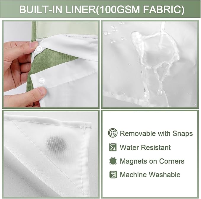 YellyHommy No Hook Shower Curtain with Snap in Liner Set Less Time Sage Green Waffle Shower Curtain for Bathroom 87" L x 72" W