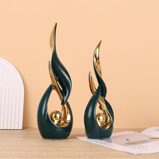 2 PCS Green Gold Ceramic Statues For Home Decor Accents, Modern Abstract Art Sculptures, Elegant Tabletop Decorative Objects For Dining Room, Entryway, Tv Stand, Mantel, Coffee Table Centerpieces