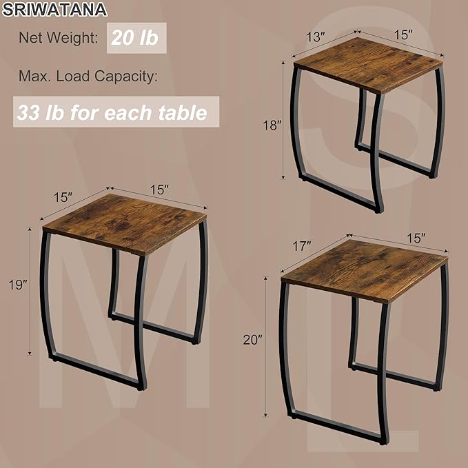 SRIWATANA Nesting Tables, Vintage Side End Tables Living Room, Coffee Snack Table Set of 3