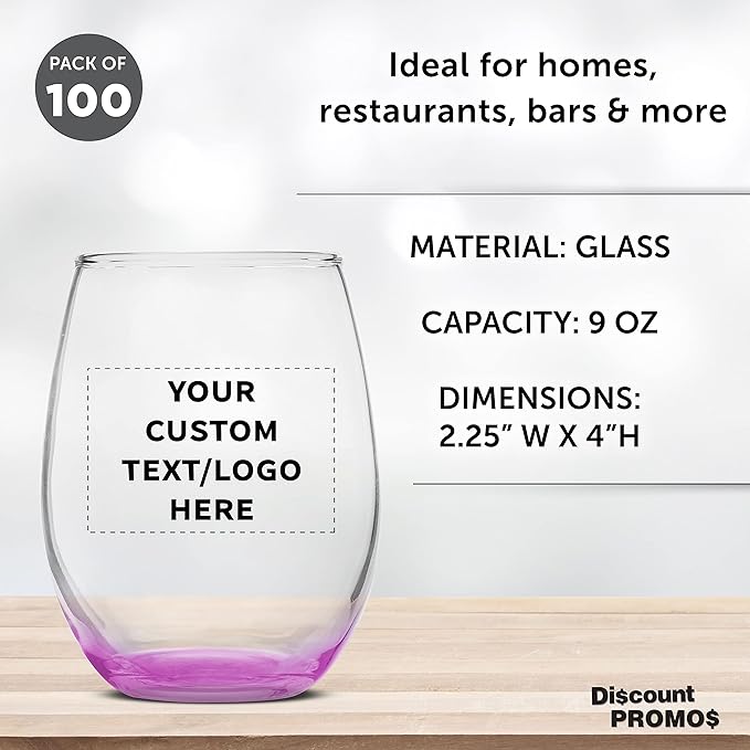 Custom Stemless Wine Glass 9 oz. Set of 100, Personalized Bulk Pack - Great for Wedding Favors, Bachelorette Party Decorations, Party Favors, Color Bottom - Pink