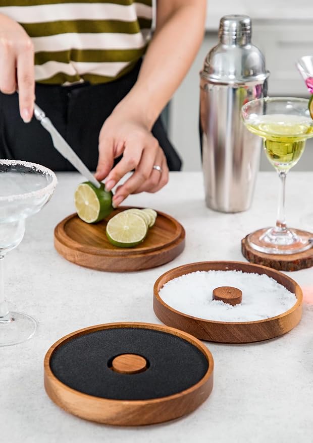 Nucookery 3-Tier Wood Bar Glass Rimmer, 5.6" Margarita Salt Rimmer Set, Sugar and Salt Rimmer Tray for Juice Cocktails, Bartender Bar Party Tool, Drinks Bar Accessories Box for Home Bar (Acacia Wood)