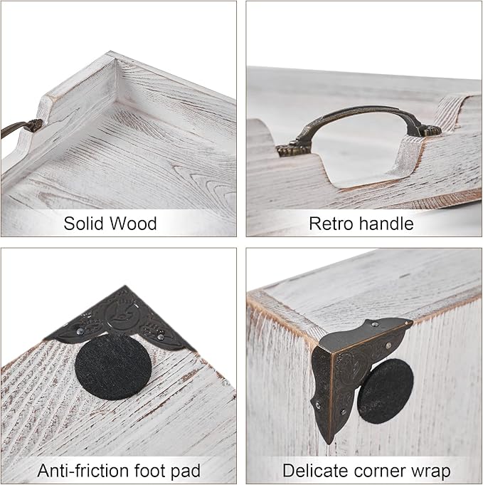 Large Wood Rectangular Serving Tray 20 x 14 Inch Rustic Wooden Ottoman Tray with Metal Handle and Wrapped Corners, Wood Coffee Table Tray Solid Pine Decorative Tray Whitewashed