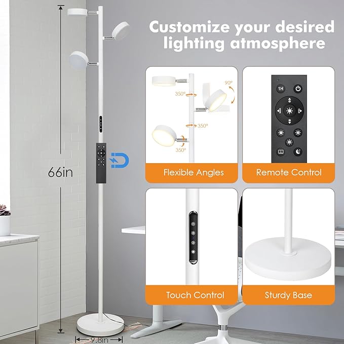 White Floor Lamp with Remote Tall Standing Lamps 30W LED Tree Floor Lamp with 3 Adjustable Heads Touch Control Timer 4 Color Temperatures Light Lamps for Living Room Office Bedroom Crafting