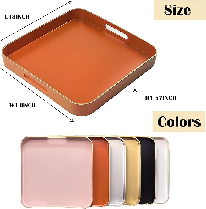 Serving Tray with Gold Trimming, Square Decorative Serving Trays with Handles, Coffee Table Tray Plastic Tray for Ottoman Living Room, Bathroom,Home Decor 13" L x 13" W x 1.57" H(Orange)
