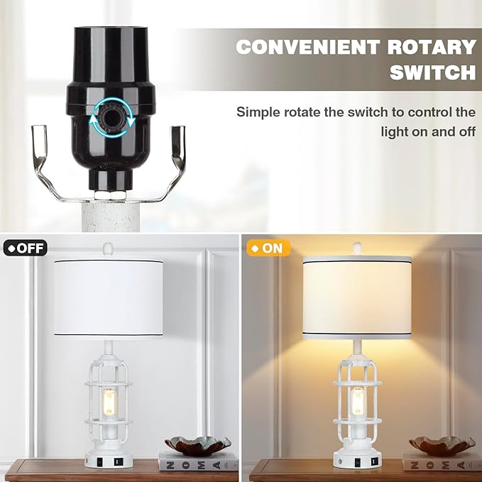 Farmhouse Lamps Set of 2, White Vintage Rustic Industrial Lamps with USB A+C Charging Ports & AC Outlet, 3 Way Dimmable Touch Control Table Lamp with LED Night Light for Living Room Bedrooms Office