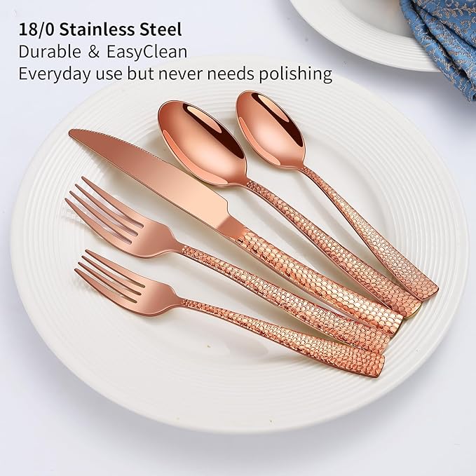 45-Piece Silverware Set with Serving Utensils Set, Rose Gold Hammered Stainless Steel Flatware for 8, Food-Grade Tableware, Including Fork, Knife, Spoon Set, Home Kitchen Cutlery, Dishwasher Safe